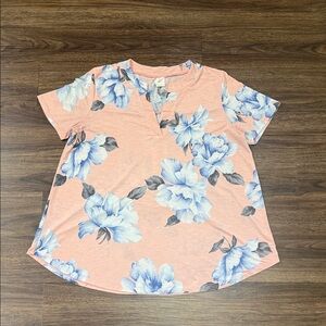 Sew in Love Floral Split-Neck Short Sleeve Top - Peach/Blue